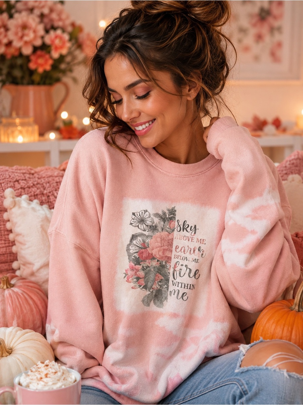 Time and Tru Pink Tie-Dye Floral Graphic Crewneck Sweatshirt